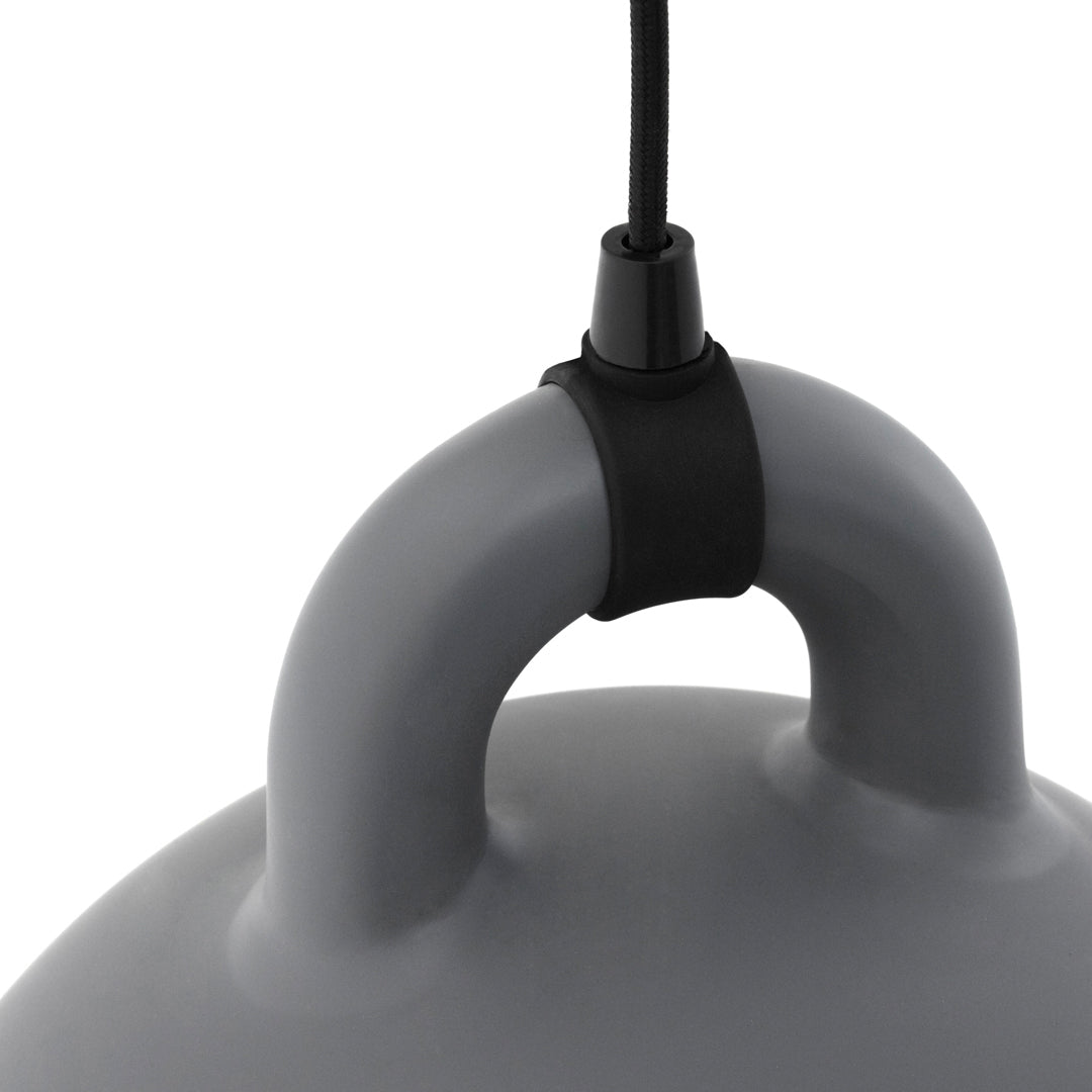 Gray pendant light with a smooth, minimalist design and a black accent for a modern aesthetic.