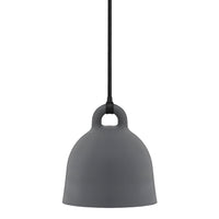 Gray bell-shaped pendant lamp with a matte finish and black hanging cord. Minimalist design for modern decor.