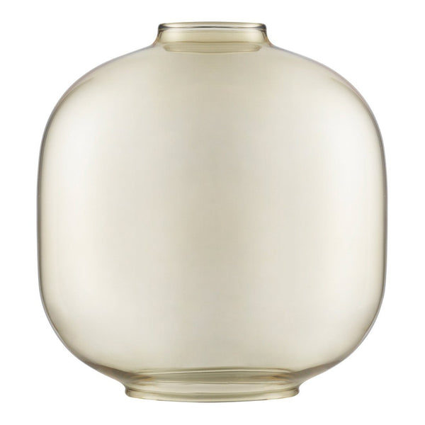 Clear glass vase with a rounded shape and soft amber hue, perfect for modern decor. Smooth, minimalist design.