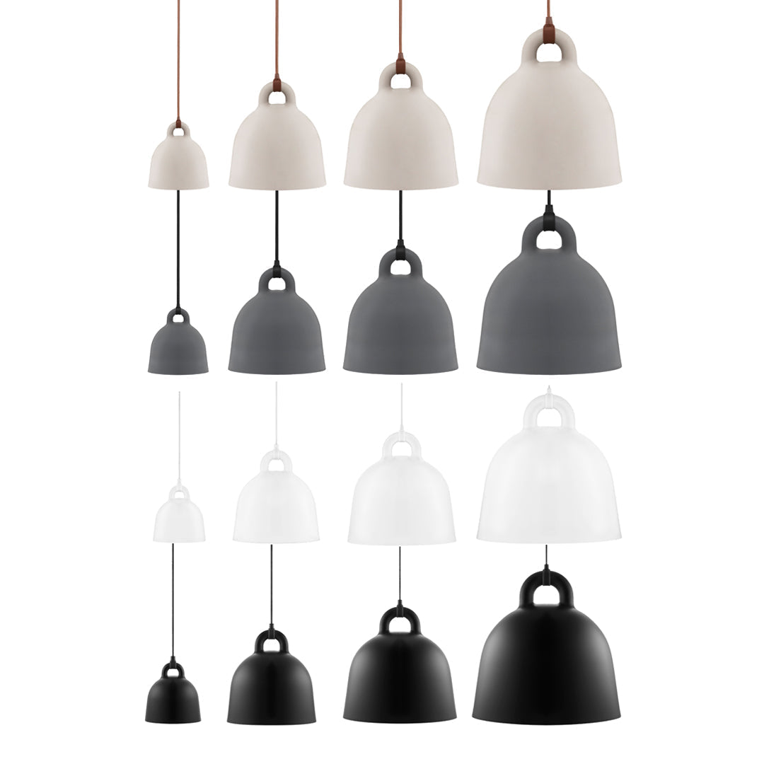 "Minimalist pendant lamps in white, gray, and black, featuring smooth surfaces and bell-shaped designs."