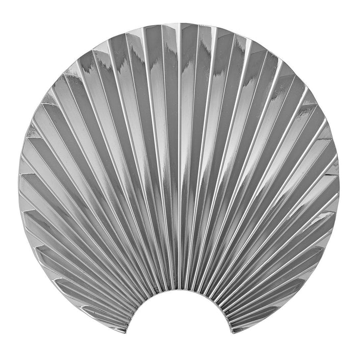 Silver fan-shaped decor with a pleated pattern, featuring sleek, modern lines and a shiny metallic finish.