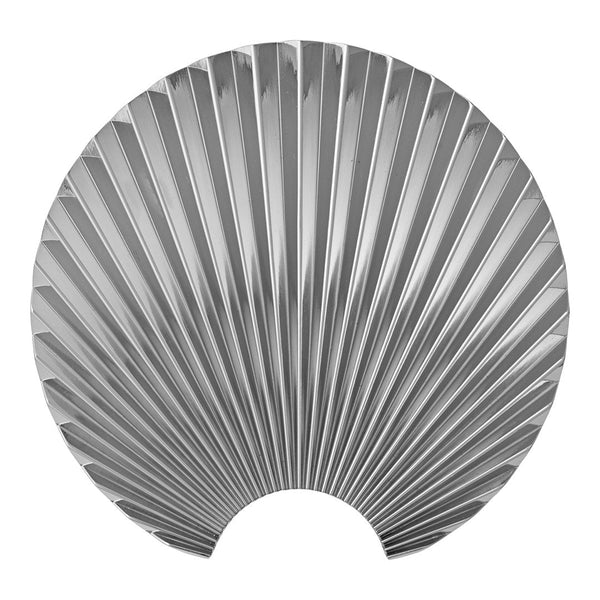 Silver metallic fan-shaped decoration with elegant pleated pattern. Ideal for modern home decor accents.