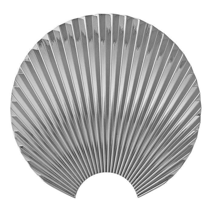 Silver fan-shaped decor with a ribbed pattern, featuring a sleek, shiny finish for a modern aesthetic.