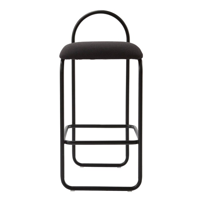 Black bar stool with a sleek metal frame and minimalist design, featuring a solid black upholstered seat.