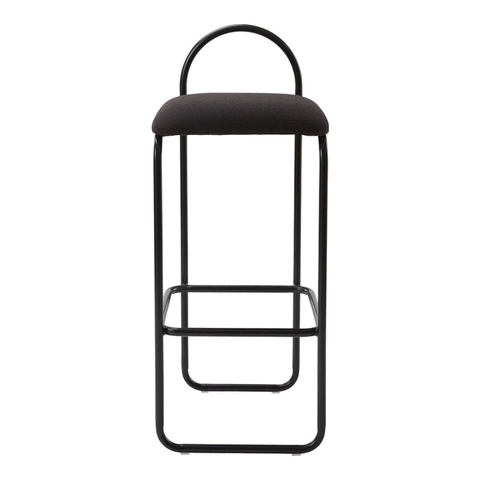 Black bar stool with a sleek metal frame and a padded seat for comfort. Minimalist design in monochromatic colors.