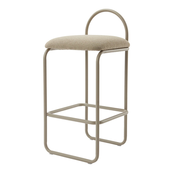 Beige upholstered bar stool with a minimalist metal frame in light taupe. Simple, modern design with no visible patterns.