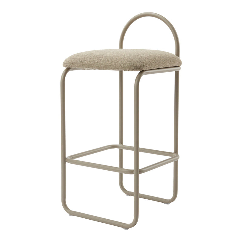 Beige upholstered bar stool with a minimalist metal frame in light taupe. Simple, modern design with no visible patterns.