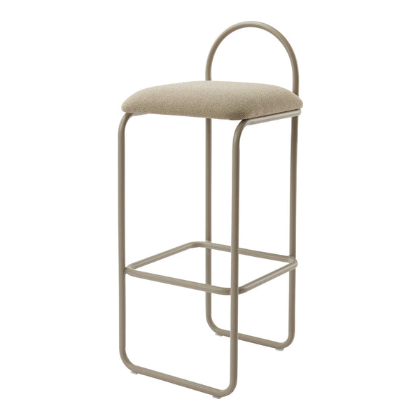 Beige upholstered barstool with a sleek metal frame and minimalist design, featuring a subtle, neutral color palette.