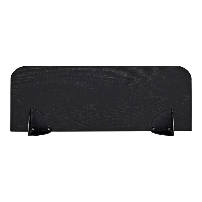 Sleek black wood wall shelf with smooth finish and curved edges, featuring minimalistic black brackets.
