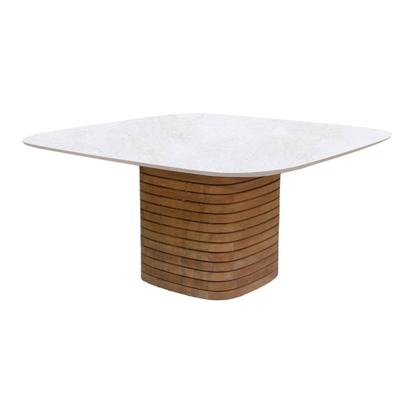 Square dining table with a smooth white top and a textured brown wooden base featuring horizontal stripes.