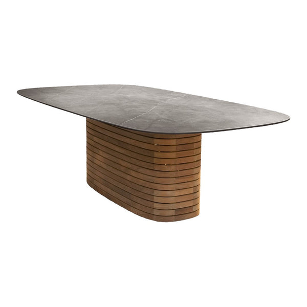 Modern oval dining table with a sleek gray top and warm, striped wooden base for a chic, contemporary look.