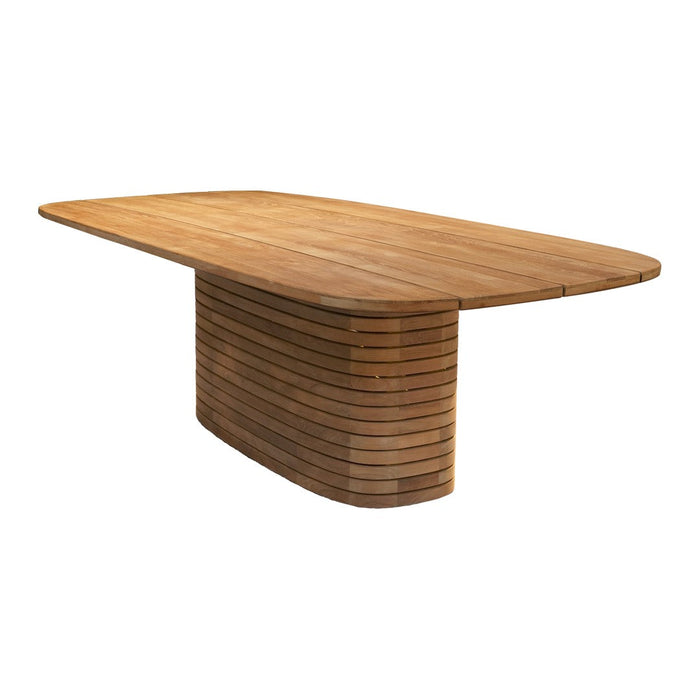 Light brown wooden dining table with a smooth, curved surface and layered pattern on the pedestal base.