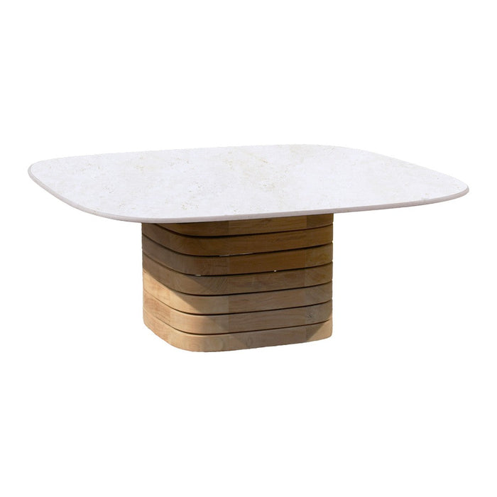 Modern square coffee table with a white top and stacked wood base in natural tones. Ideal for contemporary decor.