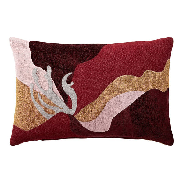 Abstract decorative pillow featuring maroon, pink, gold, and cream waves with artistic patterns. Perfect for home decor.
