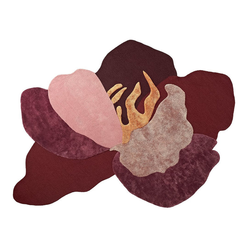 Multicolored abstract rug featuring rich burgundy, soft pink, and gold accents in an organic floral shape.