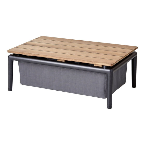 Rectangular coffee table with a natural wood top and a gray woven base, featuring clean lines and modern design.