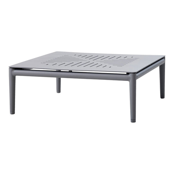 Gray metal coffee table with a slatted pattern and minimalist design, ideal for modern outdoor or indoor settings.