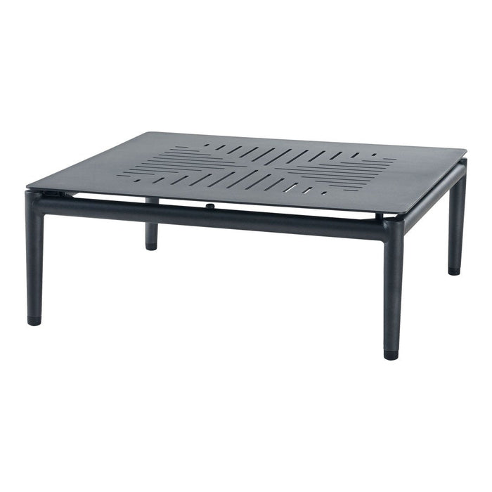Black metal coffee table with a slatted surface design and sleek, minimalist legs. Ideal for modern decor.