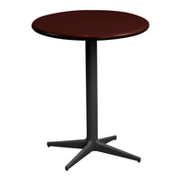 Round table with a rich mahogany top and a sleek black base. Modern design perfect for any décor.