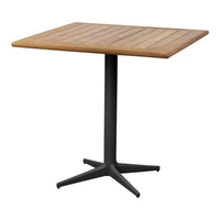 Square wooden table with a natural wood finish and sleek black metal base. Clean lines and modern design.