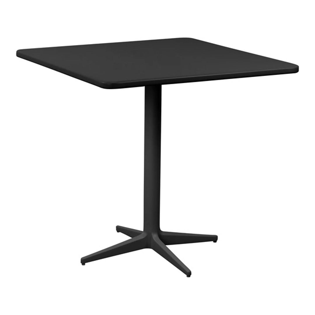 Square black dining table with a smooth surface and a sleek, minimalist design. Ideal for modern decor.