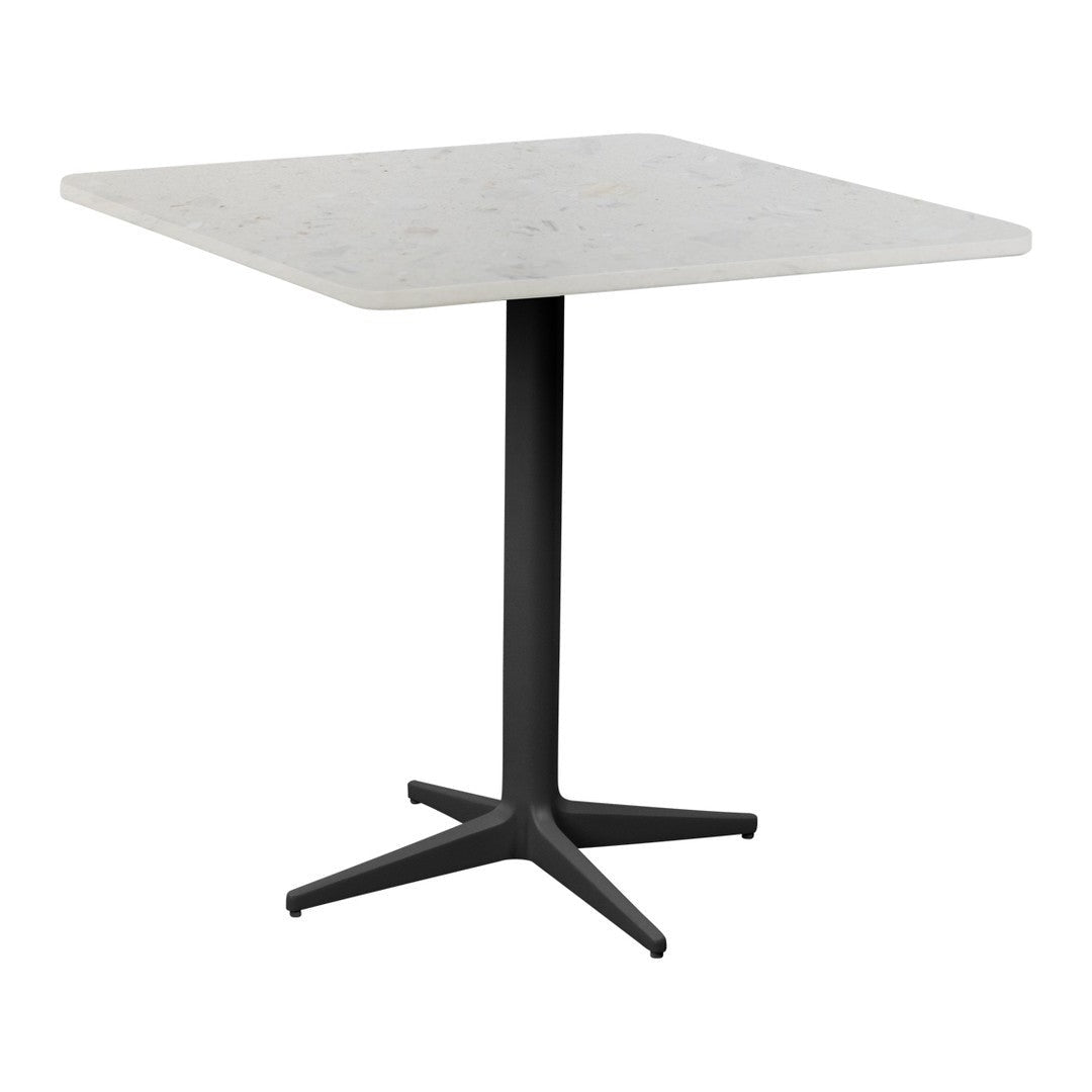 Square table with a light, speckled surface and a sleek black metal base, perfect for modern decor.