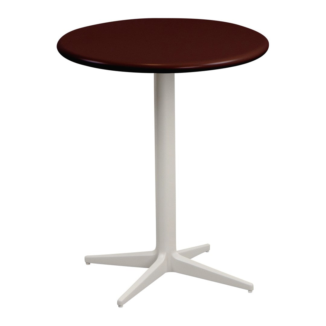 Round table featuring a rich mahogany top and a sleek white base. Ideal for modern decor.