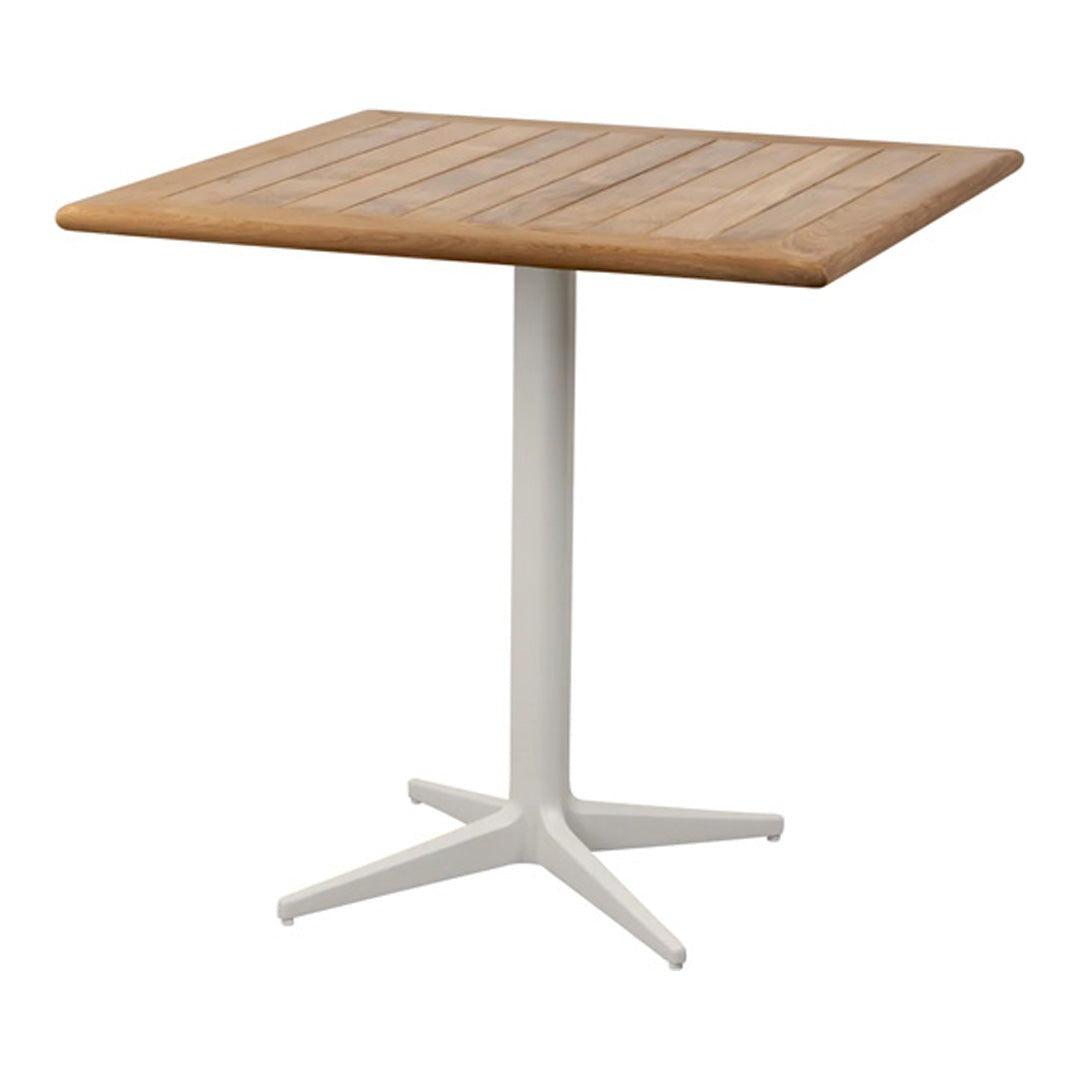 Square wooden table with a natural finish and white metal base, featuring horizontal slat design. Perfect for modern decor.