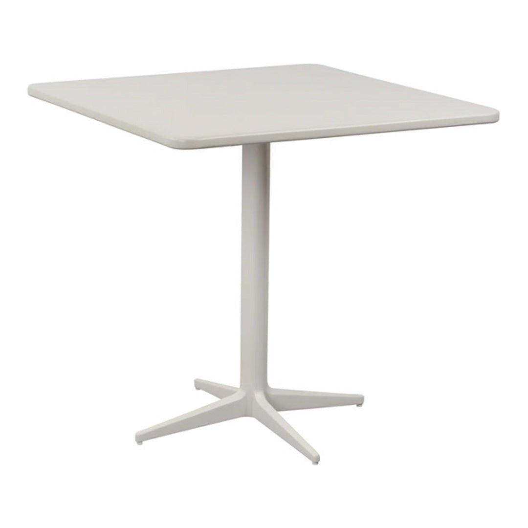 Square white table with a sleek design and smooth finish, ideal for modern dining or workspace settings.