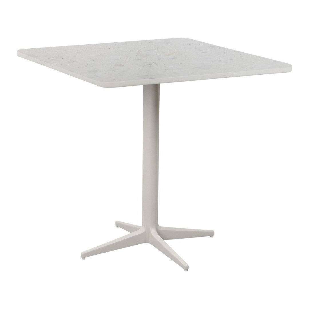 Square table with a light gray speckled top and a white metal base, perfect for modern decor.