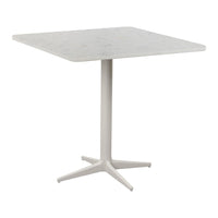 Square table with a light gray speckled top and a white metal base, perfect for modern decor.