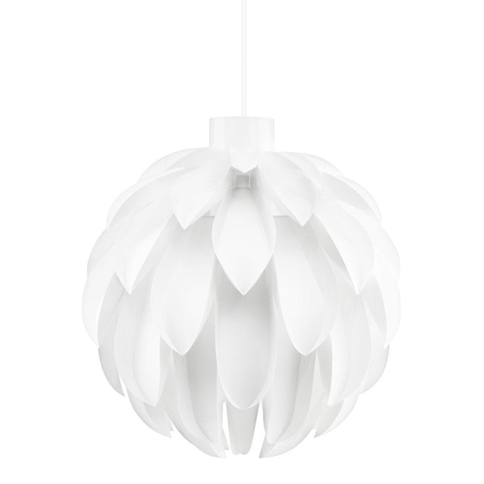 White pendant lamp with a layered flower petal design, creating a modern and elegant pattern. Perfect for brightening spaces.
