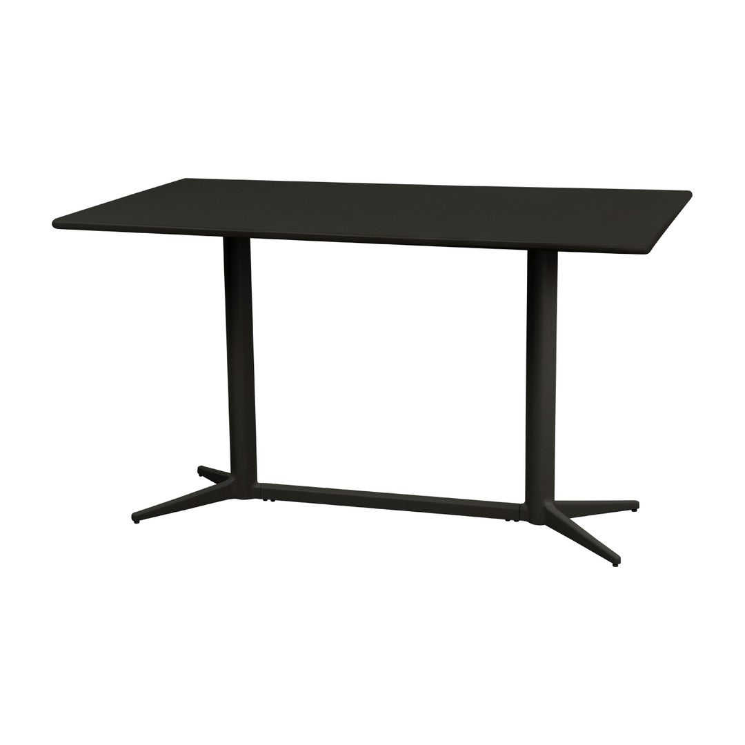Sleek black rectangular table with a modern design and sturdy metal base, perfect for contemporary spaces.