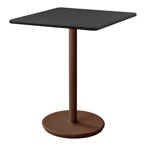 Modern square table with a sleek black top and a brown metal base, perfect for contemporary spaces.