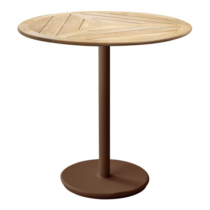 Round table with a natural wood top featuring diagonal patterns and a solid brown metal base. Perfect for any decor.
