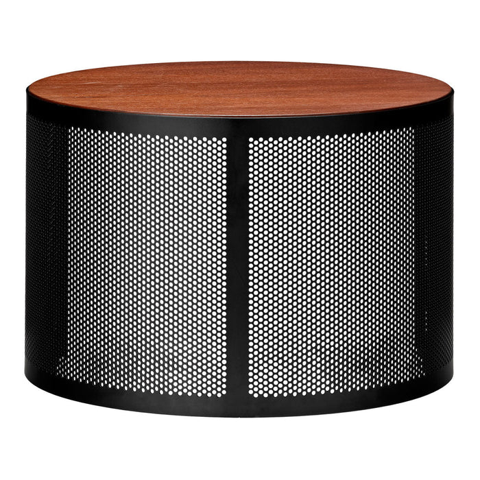 Round coffee table with a wooden top and black perforated metal base in a modern design.