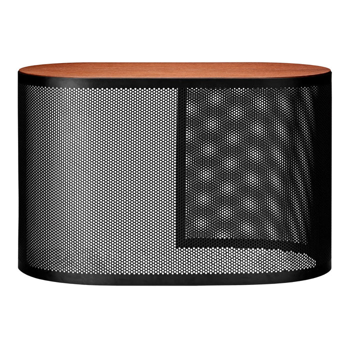 Black mesh pattern with wood grain top in an oval shape, featuring a modern, industrial design.