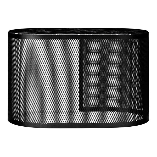 Black mesh wastebasket with a sleek design and geometric pattern, perfect for modern decor.