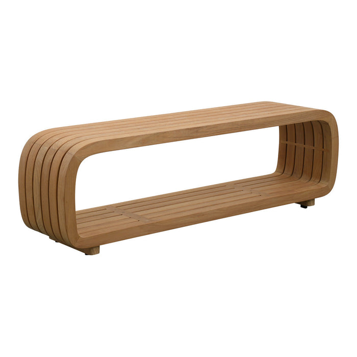Light natural wood bench with smooth, curved lines and narrow slat pattern, showcasing a minimalist design.