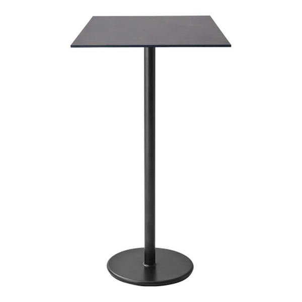 Black metal bar table with a simple, sleek square top and round base design. Ideal for modern decor.