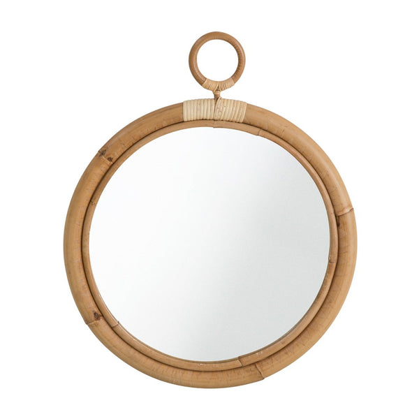 Round bamboo mirror with a natural finish and textured hanging loop. Perfect for boho-style decor.