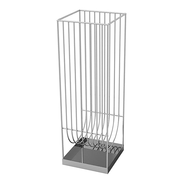 Silver wire mesh storage organizer with a modern, minimalist design, featuring vertical lines and a sleek base.
