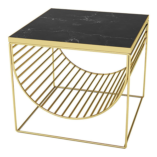 Black marble top with white veining and a gold geometric metal frame. Modern design for stylish decor.