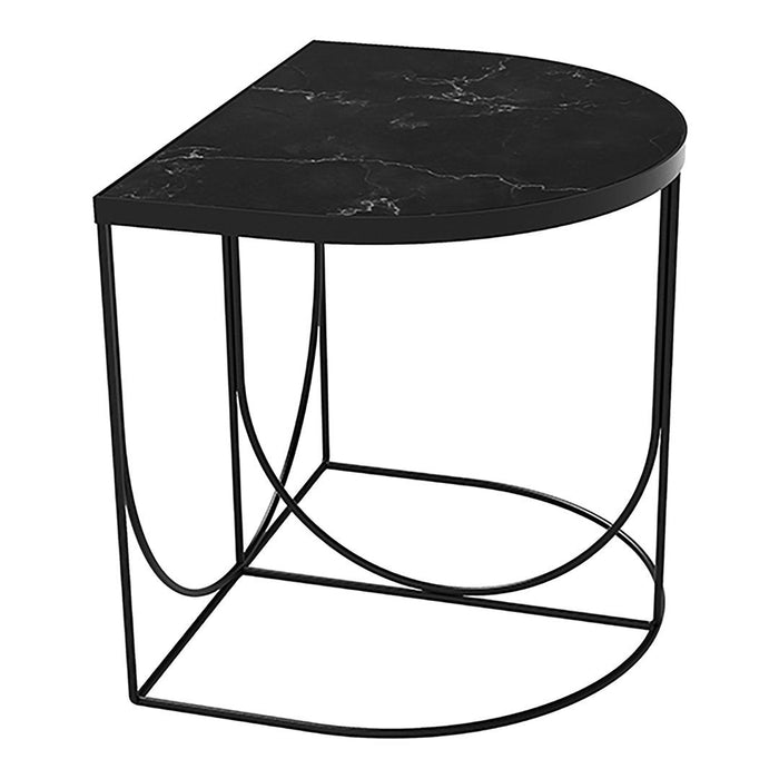 Black half-moon side table with marble pattern top and minimalist black metal frame. Modern and sleek design.