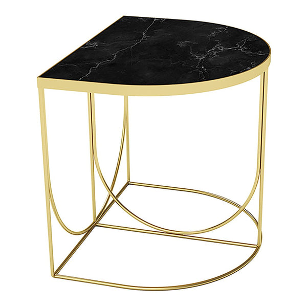 Black marble top side table with a sleek gold metal frame, featuring elegant curves and a modern design.