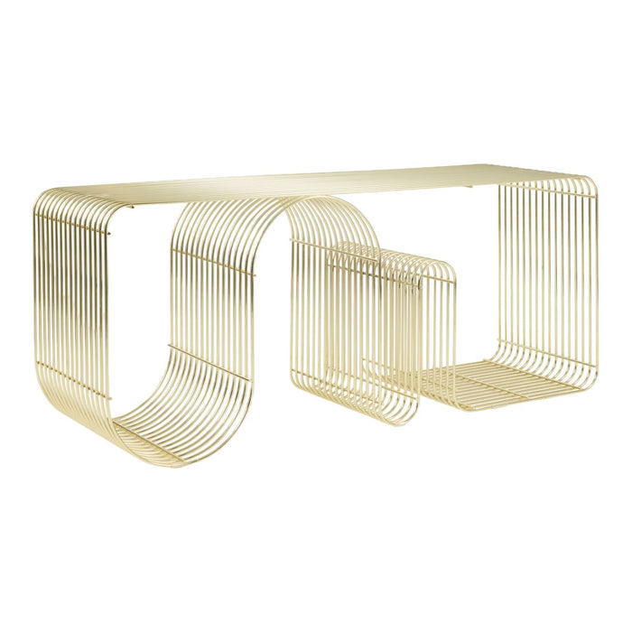 Gold metal console table with a modern, geometric design featuring sleek, striped patterns.
