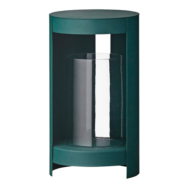 Green cylindrical lantern with a glass center, featuring sleek, modern design and smooth finishes.