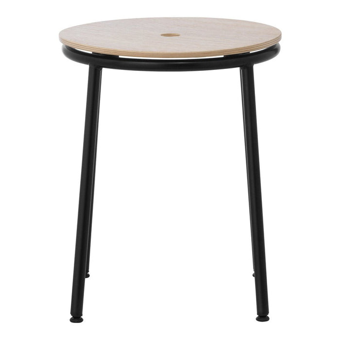Round wooden top with natural wood finish, complemented by sleek black metal legs, creating a modern contrast.