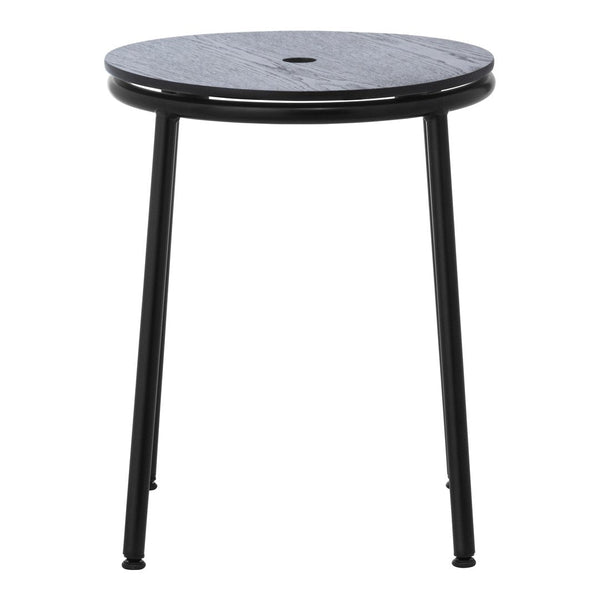 Black metal side table with a textured blue circular top and sleek legs, ideal for modern decor.