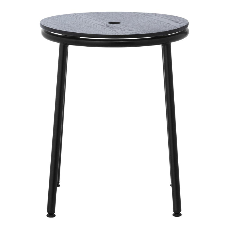 Black metal side table with a textured blue circular top and sleek legs, ideal for modern decor.